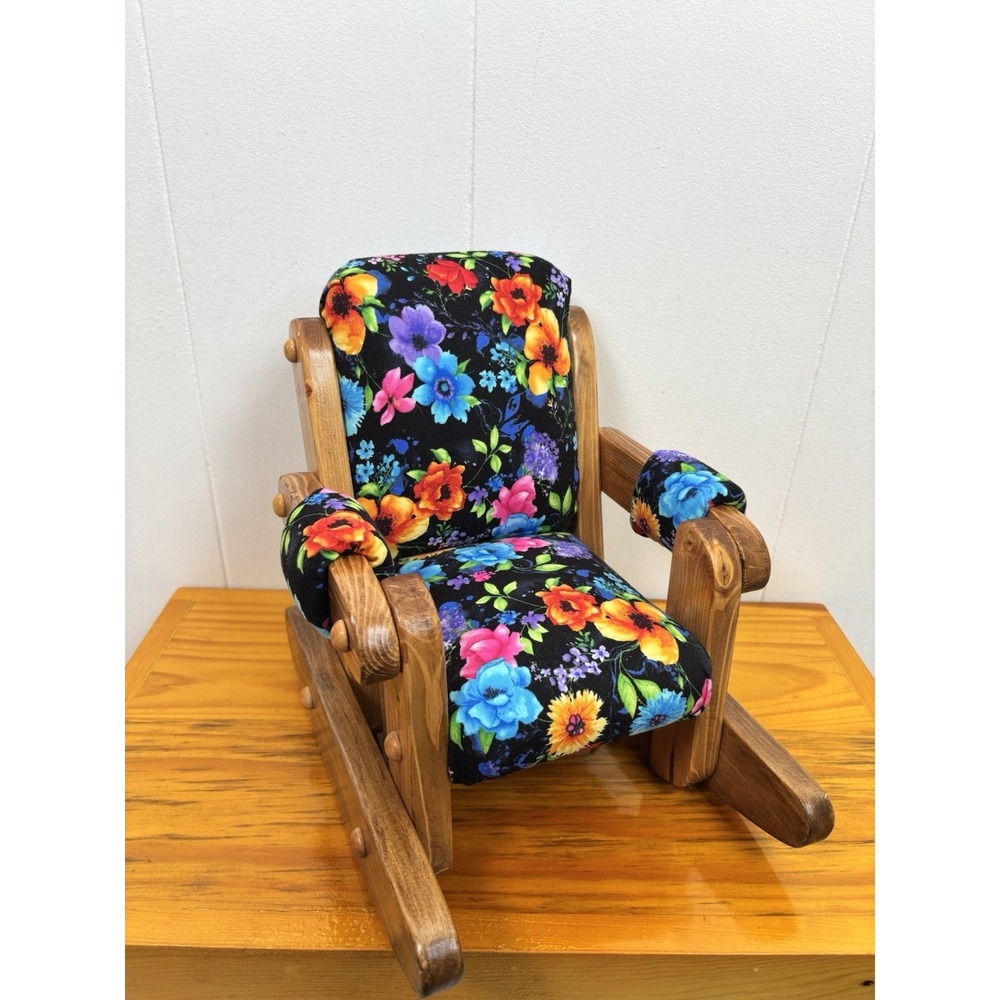Handmade Sturdy Small Wooden Toy‎ Doll Rocking Chair Floral Cushioned